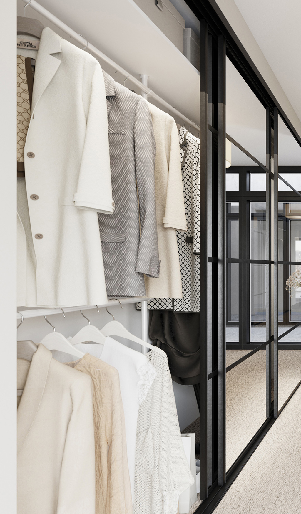 Entré med hvit Langlo® møbelinnredning som dobbelt garderobeoppheng