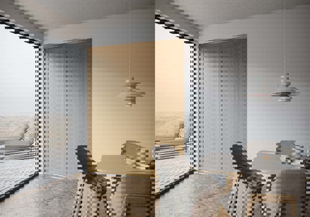 Oppholdsrom med Langlo® Topaz skyvedører i eikefiner, lakkert overflate