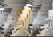 Oppholdsrom med Langlo® Topaz skyvedører i eikefiner, lakkert overflate (thumbnail)