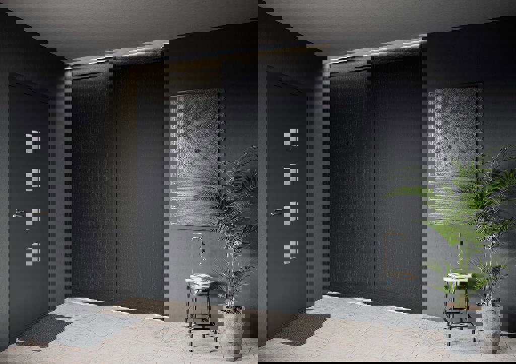 Entre med Langlo® Topaz skyvedører i eikefiner, sortmalt overflate og LED belysning i toppskinne