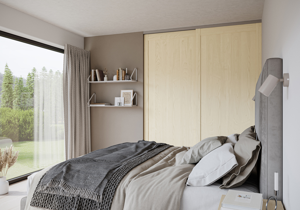 Soverom med Langlo® Topaz skyvedører i bjørkefiner, lakkert overflate