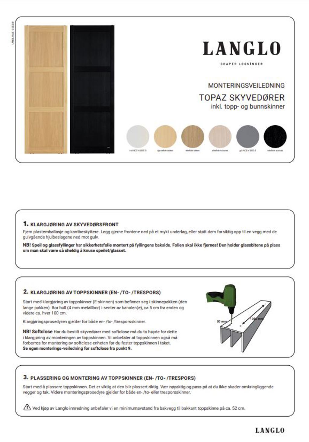 Topaz skyvedører inklusiv topp- og bunnskinner - Last ned pdf for monteringsbeskrivelse 