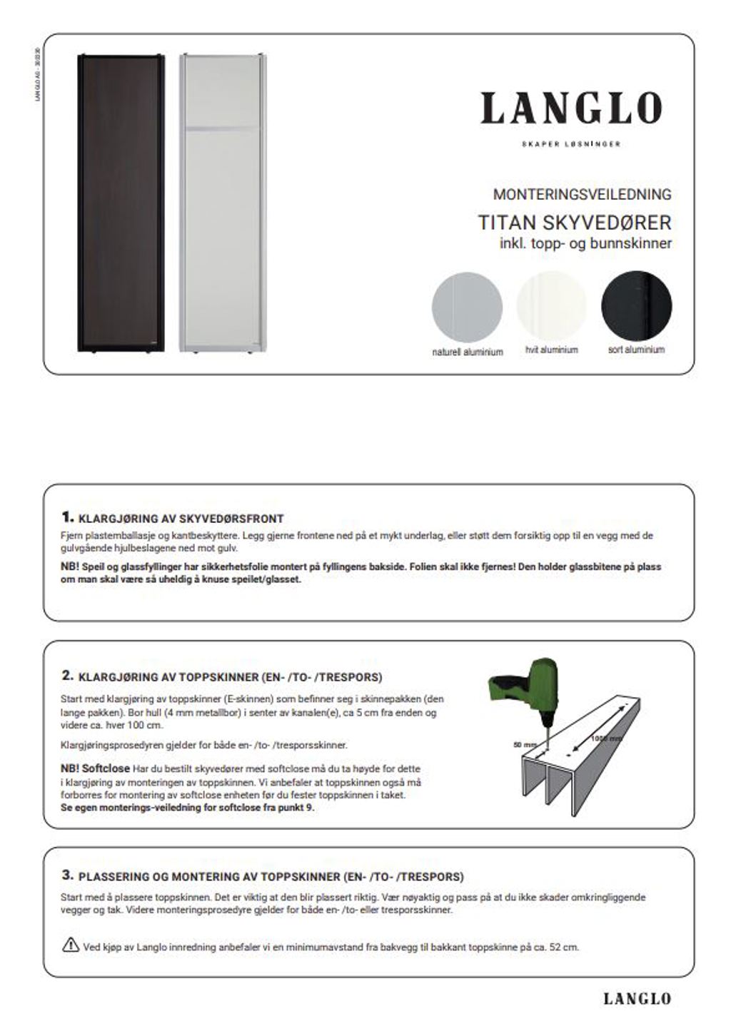 Titan skyvedører inklusiv topp- og bunnskinner - Last ned pdf for monteringsbeskrivelse