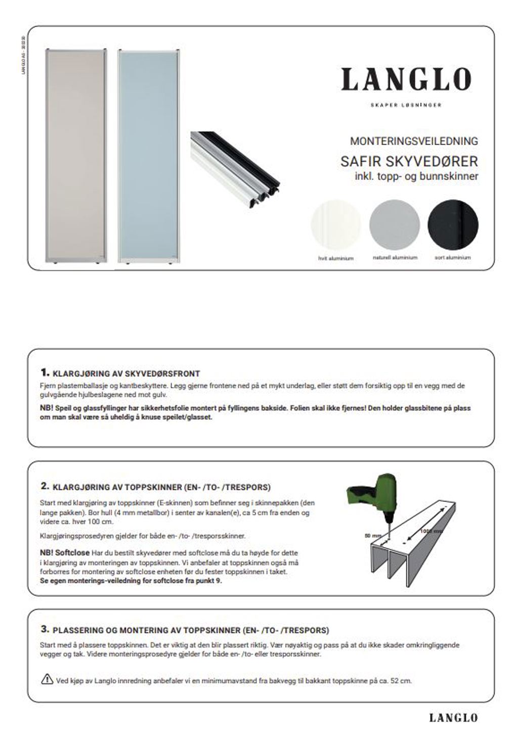 Safir skyvedører inklusiv topp- og bunnskinner - Last ned pdf for monteringsbeskrivelse 